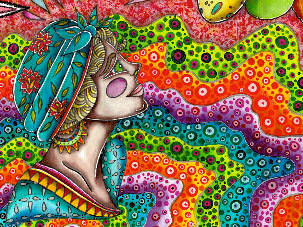 Detalle de Gitana y frutas — obra original de Pinche Wero